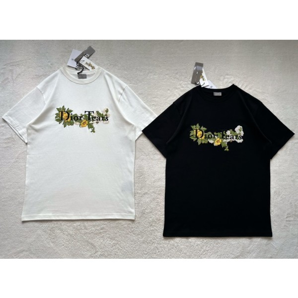 Dior Heavy Industry Floral Embroidery Round Neck Short Sleeve